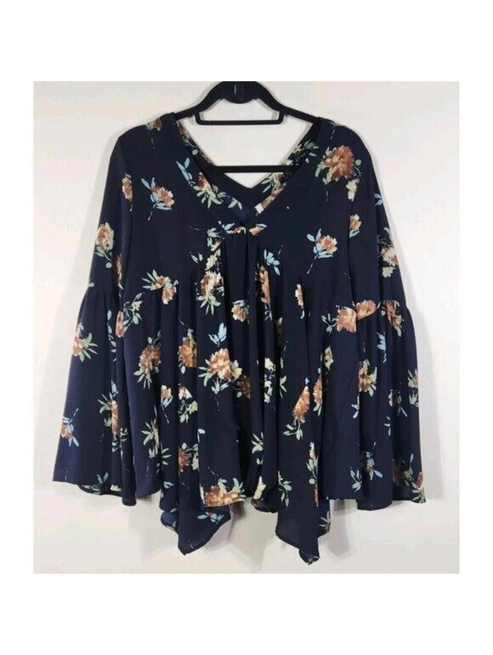 Mittoshop Long Bell Sleeve Floral Peplum Blouse Size M